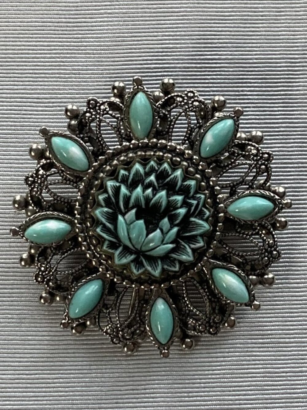Mid-Century Carved Celluloid Lotus Flower Brooch, Filigree Frame, Faux Turquoise
